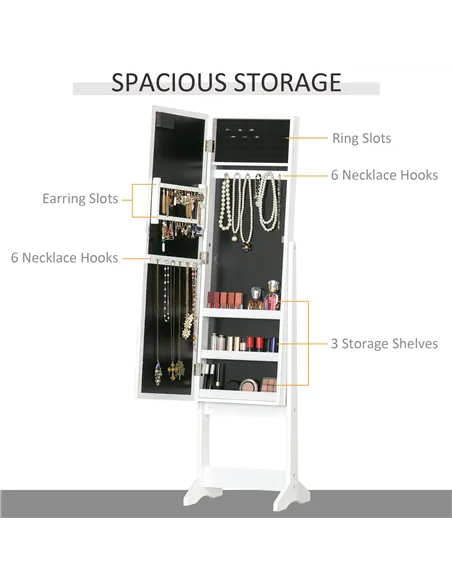 HOMCOM Free Standing LED Mirrored Jewelry Cabinet Armoire Floor Organiser W/ 3 Angle Adjustable For Rings Earrings Bracelets Cos