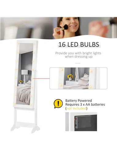 HOMCOM Free Standing LED Mirrored Jewelry Cabinet Armoire Floor Organiser W/ 3 Angle Adjustable For Rings Earrings Bracelets Cos