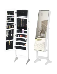 HOMCOM Jewelry Cabinet Standing Mirror Full Length Makeup Lockable Armoire Storage Organizer White