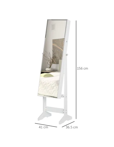 HOMCOM Jewelry Cabinet Standing Mirror Full Length Makeup Lockable Armoire Storage Organizer White