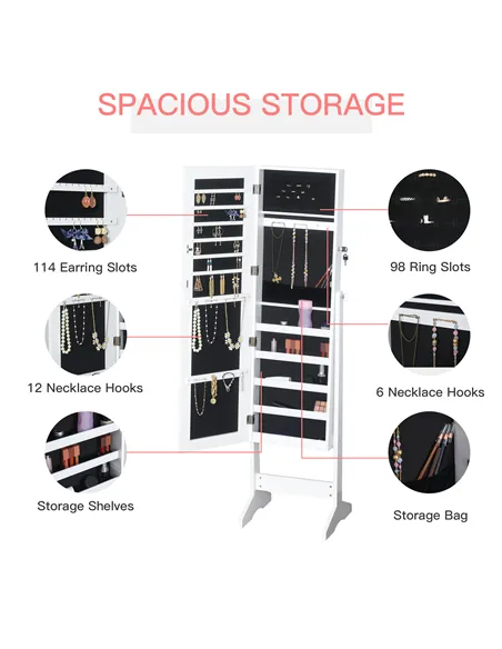 HOMCOM Jewelry Cabinet Standing Mirror Full Length Makeup Lockable Armoire Storage Organizer White