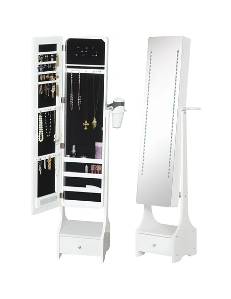 HOMCOM Jewellery Cabinet, Full Length Mirror with Storage, Free Standing Mirror with LED Lights, Hooks, Drawer and Hairdryer Hol