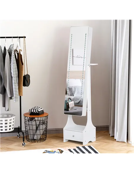 HOMCOM Jewellery Cabinet, Full Length Mirror with Storage, Free Standing Mirror with LED Lights, Hooks, Drawer and Hairdryer Hol