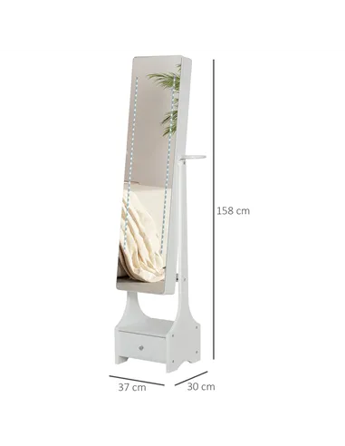 HOMCOM Jewellery Cabinet, Full Length Mirror with Storage, Free Standing Mirror with LED Lights, Hooks, Drawer and Hairdryer Hol
