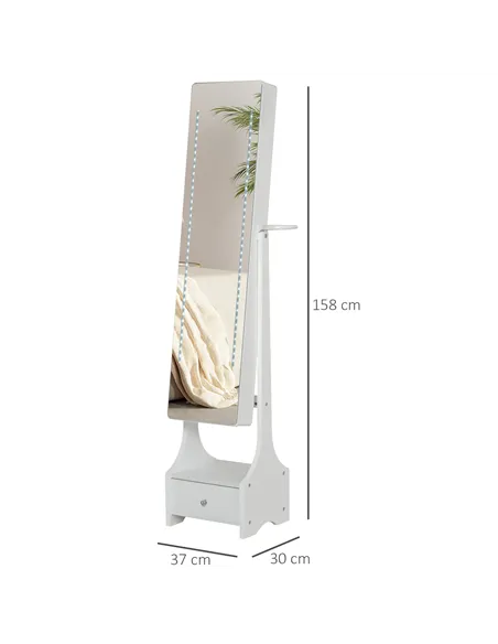 HOMCOM Jewellery Cabinet, Full Length Mirror with Storage, Free Standing Mirror with LED Lights, Hooks, Drawer and Hairdryer Hol