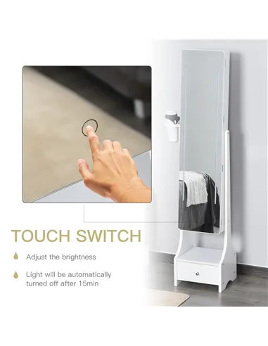 HOMCOM Jewellery Cabinet, Full Length Mirror with Storage, Free Standing Mirror with LED Lights, Hooks, Drawer and Hairdryer Hol