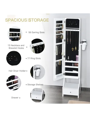 HOMCOM Jewellery Cabinet, Full Length Mirror with Storage, Free Standing Mirror with LED Lights, Hooks, Drawer and Hairdryer Hol