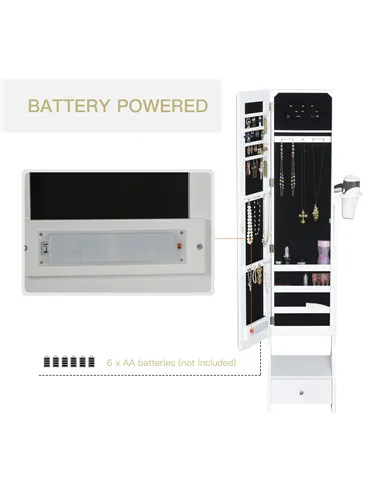 HOMCOM Jewellery Cabinet, Full Length Mirror with Storage, Free Standing Mirror with LED Lights, Hooks, Drawer and Hairdryer Hol
