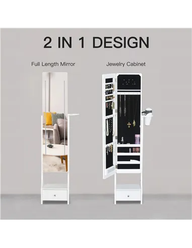 HOMCOM Jewellery Cabinet, Full Length Mirror with Storage, Free Standing Mirror with LED Lights, Hooks, Drawer and Hairdryer Hol