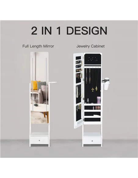 HOMCOM Jewellery Cabinet, Full Length Mirror with Storage, Free Standing Mirror with LED Lights, Hooks, Drawer and Hairdryer Hol