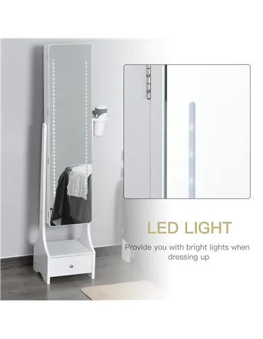 HOMCOM Jewellery Cabinet, Full Length Mirror with Storage, Free Standing Mirror with LED Lights, Hooks, Drawer and Hairdryer Hol