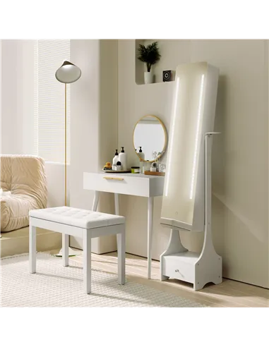 HOMCOM Jewellery Cabinet, Full Length Mirror with Storage, Free Standing Mirror with LED Lights, Hooks, Drawer and Hairdryer Hol