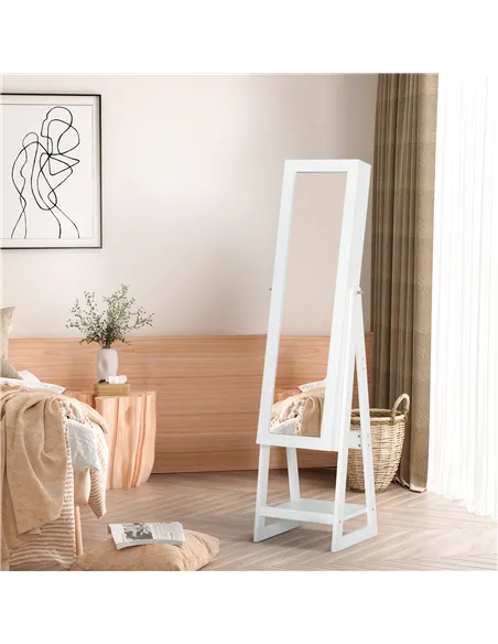 HOMCOM Jewellery Cabinet, Standing Mirror with LED Lights, Full-Length Mirror with Storage Drawers, Hooks and Shelves, Make-Up A