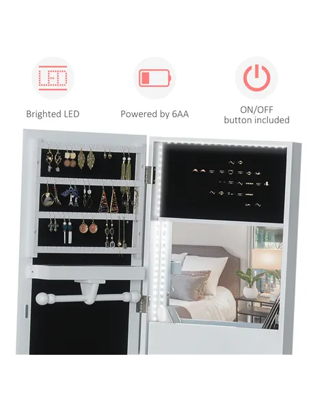 HOMCOM Jewellery Cabinet, Standing Mirror with LED Lights, Full-Length Mirror with Storage Drawers, Hooks and Shelves, Make-Up A
