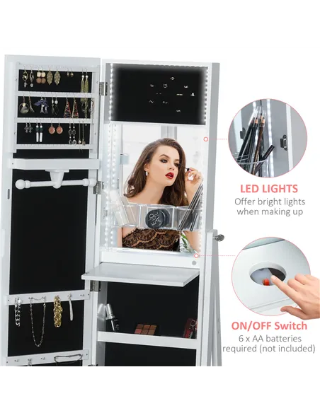 HOMCOM Jewellery Cabinet, Standing Mirror with LED Lights, Full-Length Mirror with Storage Drawers, Hooks and Shelves, Make-Up A