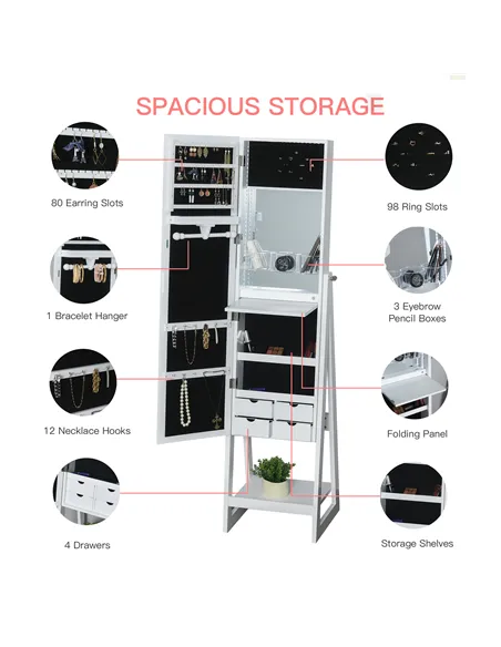 HOMCOM Jewellery Cabinet, Standing Mirror with LED Lights, Full-Length Mirror with Storage Drawers, Hooks and Shelves, Make-Up A