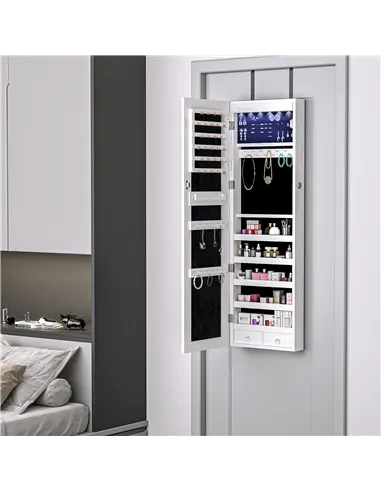 HOMCOM Jewelry Cabinet with Mirror and LED Lights, Lockable Makeup Cosmetics Jewellery Organiser, Mirror with Storage for Bedroo