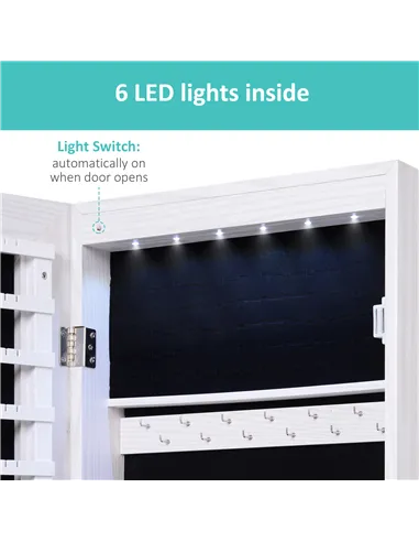 HOMCOM Jewelry Cabinet with Mirror and LED Lights, Lockable Makeup Cosmetics Jewellery Organiser, Mirror with Storage for Bedroo