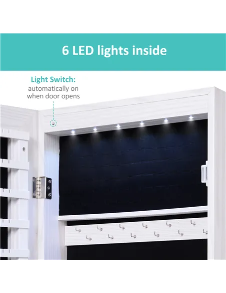 HOMCOM Jewelry Cabinet with Mirror and LED Lights, Lockable Makeup Cosmetics Jewellery Organiser, Mirror with Storage for Bedroo