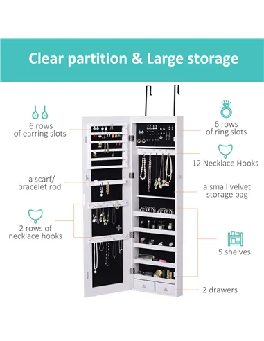 HOMCOM Jewelry Cabinet with Mirror and LED Lights, Lockable Makeup Cosmetics Jewellery Organiser, Mirror with Storage for Bedroo