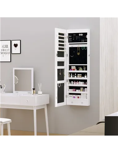 HOMCOM Jewelry Cabinet with Mirror and LED Lights, Lockable Makeup Cosmetics Jewellery Organiser, Mirror with Storage for Bedroo