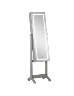 HOMCOM Jewellery Cabinet with LED Light, Lockable Jewellery Organiser with Full-Length Mirror for Bedroom Dressing Room, Grey