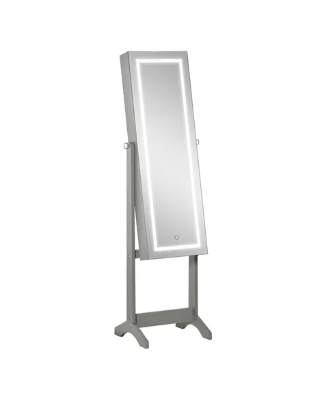 HOMCOM Jewellery Cabinet with LED Light, Lockable Jewellery Organiser with Full-Length Mirror for Bedroom Dressing Room, Grey