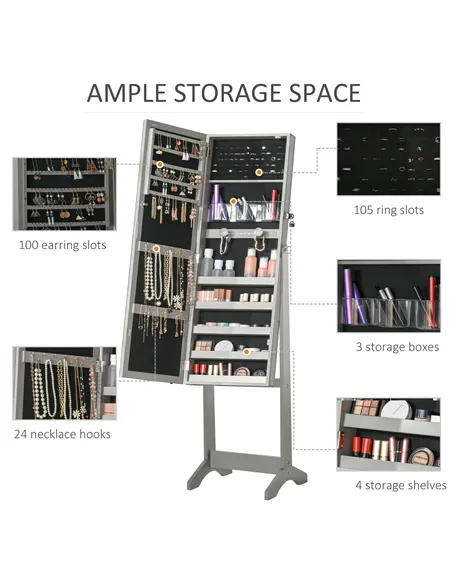 HOMCOM Jewellery Cabinet with LED Light, Lockable Jewellery Organiser with Full-Length Mirror for Bedroom Dressing Room, Grey