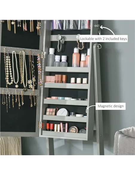 HOMCOM Jewellery Cabinet with LED Light, Lockable Jewellery Organiser with Full-Length Mirror for Bedroom Dressing Room, Grey