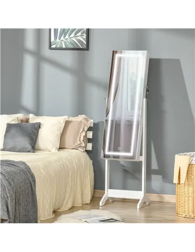 HOMCOM Jewellery Cabinet with LED Light, Lockable Jewellery Organiser with Full-Length Mirror for Bedroom Dressing Room, White