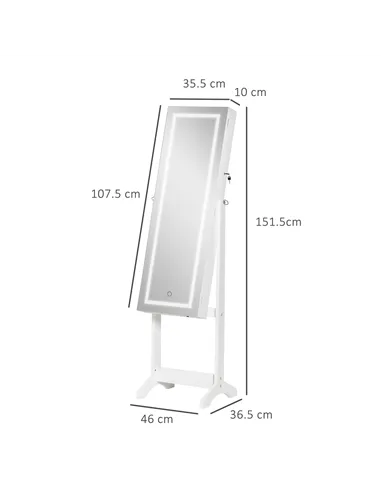 HOMCOM Jewellery Cabinet with LED Light, Lockable Jewellery Organiser with Full-Length Mirror for Bedroom Dressing Room, White