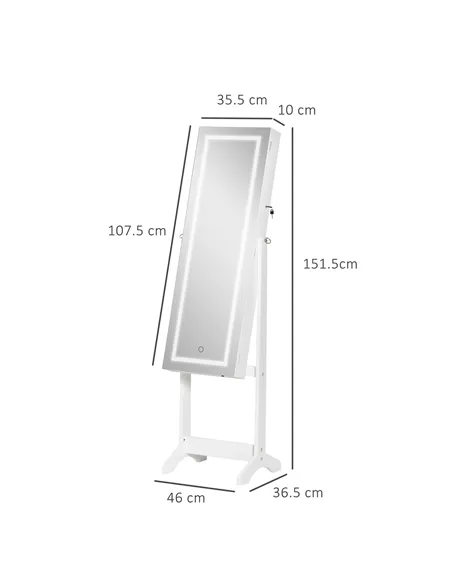 HOMCOM Jewellery Cabinet with LED Light, Lockable Jewellery Organiser with Full-Length Mirror for Bedroom Dressing Room, White