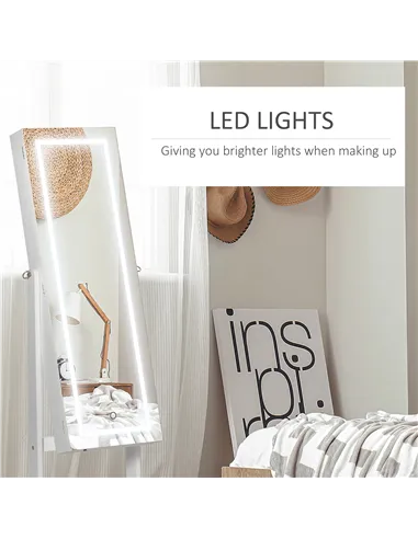 HOMCOM Jewellery Cabinet with LED Light, Lockable Jewellery Organiser with Full-Length Mirror for Bedroom Dressing Room, White