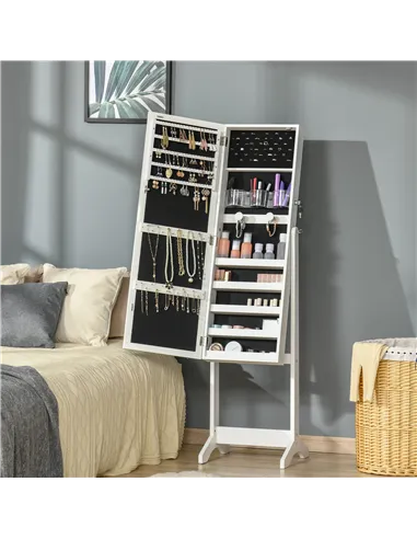 HOMCOM Jewellery Cabinet with LED Light, Lockable Jewellery Organiser with Full-Length Mirror for Bedroom Dressing Room, White