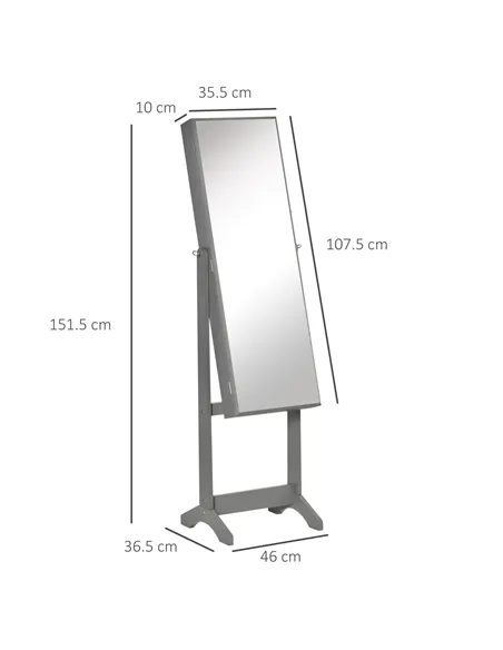 HOMCOM Full Length Mirror with Storage, Jewellery Cabinet with Mirror, Adjustable Angle and Stand, Lockable Jewellery Organiser 