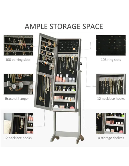 HOMCOM Full Length Mirror with Storage, Jewellery Cabinet with Mirror, Adjustable Angle and Stand, Lockable Jewellery Organiser 