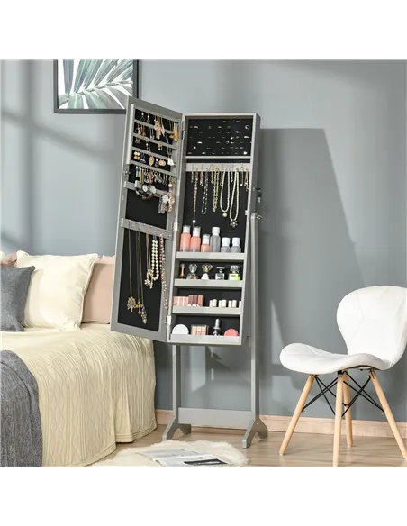 HOMCOM Full Length Mirror with Storage, Jewellery Cabinet with Mirror, Adjustable Angle and Stand, Lockable Jewellery Organiser 