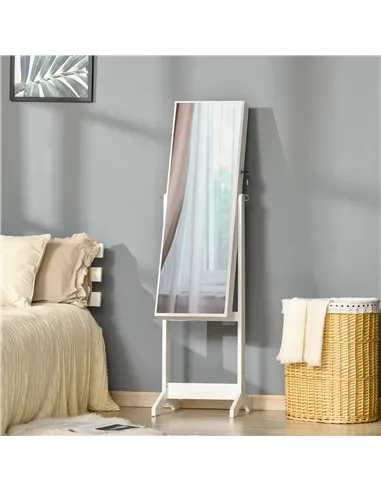 HOMCOM Full Length Mirror with Storage, Jewellery Cabinet with Mirror, Adjustable Angle and Stand, Lockable Jewellery Organiser 