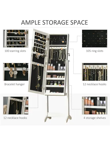 HOMCOM Full Length Mirror with Storage, Jewellery Cabinet with Mirror, Adjustable Angle and Stand, Lockable Jewellery Organiser 