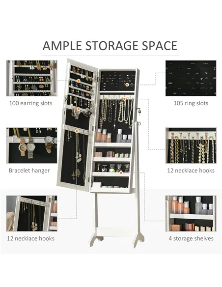 HOMCOM Full Length Mirror with Storage, Jewellery Cabinet with Mirror, Adjustable Angle and Stand, Lockable Jewellery Organiser 