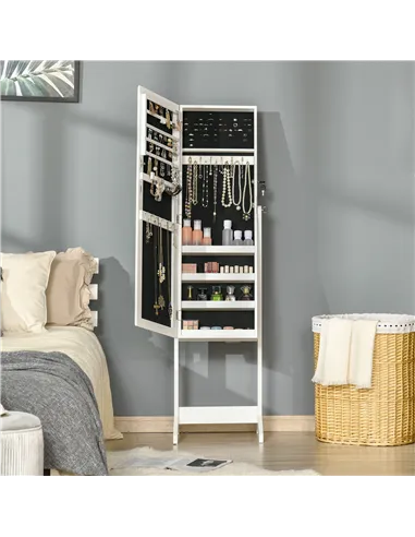 HOMCOM Full Length Mirror with Storage, Jewellery Cabinet with Mirror, Adjustable Angle and Stand, Lockable Jewellery Organiser 