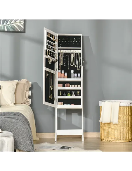 HOMCOM Full Length Mirror with Storage, Jewellery Cabinet with Mirror, Adjustable Angle and Stand, Lockable Jewellery Organiser 