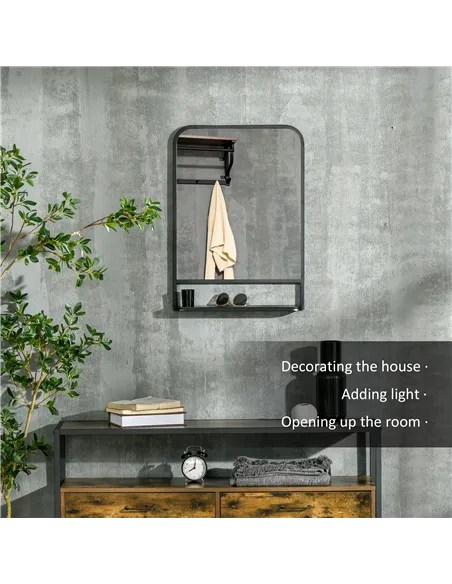 HOMCOM Modern Square Wall Mirror with Storage Shelf, 70 x 50 cm Mirrors for Living Room, Bedroom, Black