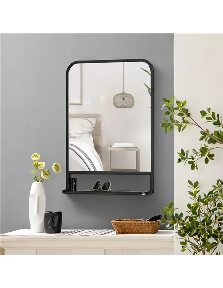 HOMCOM Modern Square Wall Mirror with Storage Shelf, 70 x 50 cm Mirrors for Living Room, Bedroom, Black