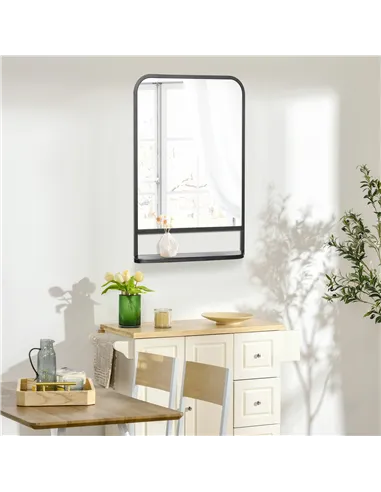 HOMCOM Modern Square Wall Mirror with Storage Shelf, 86 x 53 Mirrors for Living Room, Bedroom, Black