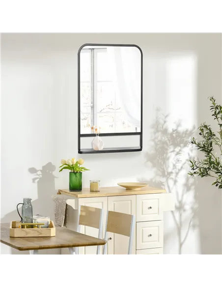 HOMCOM Modern Square Wall Mirror with Storage Shelf, 86 x 53 Mirrors for Living Room, Bedroom, Black