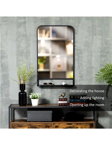 HOMCOM Modern Square Wall Mirror with Storage Shelf, 86 x 53 Mirrors for Living Room, Bedroom, Black