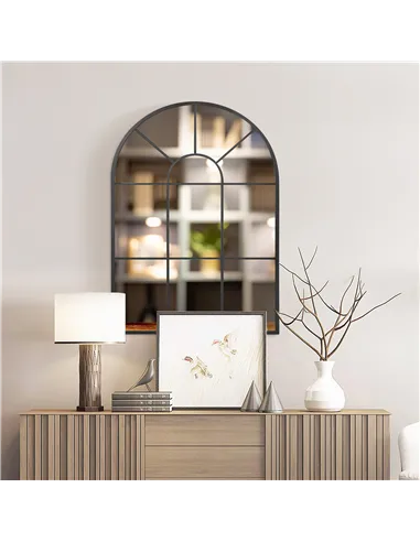 HOMCOM Modern Arched Wall Mirror, 91 x 60 cm Window Mirrors for Living Room, Bedroom, Black