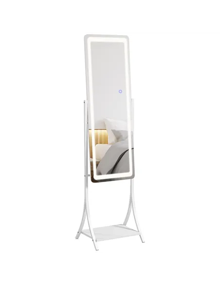 HOMCOM Free Standing Dressing Mirror with LED Lights, Full Length Mirror with 3 Temperature Colours and Storage Shelf