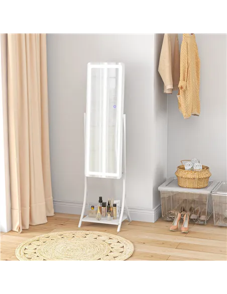 HOMCOM Free Standing Dressing Mirror with LED Lights, Full Length Mirror with 3 Temperature Colours and Storage Shelf